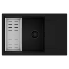 HD Onyx Black 78-XL egymedencés mosogatótálca szett, acél csepegtetőkosárral, csepegtetőtálcával, matt fekete színben, matt fekete leeresztő szifonnal