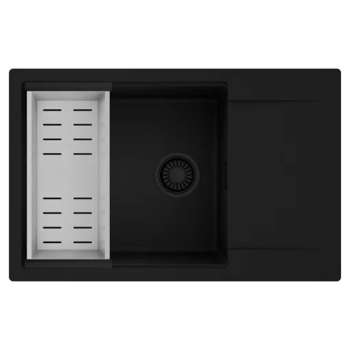 HD Onyx Black 78-XL egymedencés mosogatótálca szett, acél csepegtetőkosárral, csepegtetőtálcával, matt fekete színben, matt fekete leeresztő szifonnal