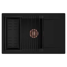 HD Onyx Black 78-XL egymedencés mosogatótálca szett, matt fekete csepegtetőráccsal és kosárral, csepegtetőtálcával, matt fekete színben, szálcsiszolt réz leeresztő szifonnal