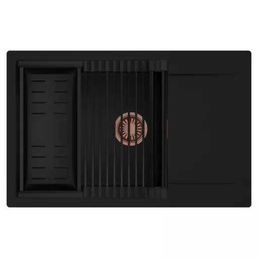 HD Onyx Black 78-XL egymedencés mosogatótálca szett, matt fekete csepegtetőráccsal és kosárral, csepegtetőtálcával, matt fekete színben, szálcsiszolt réz leeresztő szifonnal