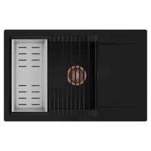 HD Onyx Black 78-XL egymedencés mosogatótálca szett, matt fekete csepegtetőráccsal és krómozott kosárral, csepegtetőtálcával, matt fekete színben, szálcsiszolt réz leeresztő szifonnal