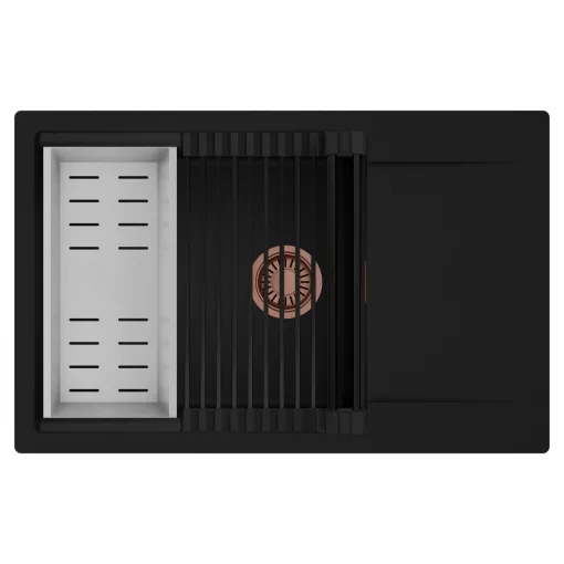 HD Onyx Black 78-XL egymedencés mosogatótálca szett, matt fekete csepegtetőráccsal és krómozott kosárral, csepegtetőtálcával, matt fekete színben, szálcsiszolt réz leeresztő szifonnal