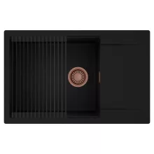 HD Onyx Black 78-XL egymedencés mosogatótálca szett, matt fekete csepegtetőráccsal, csepegtetőtálcával, matt fekete színben, szálcsiszolt réz leeresztő szifonnal