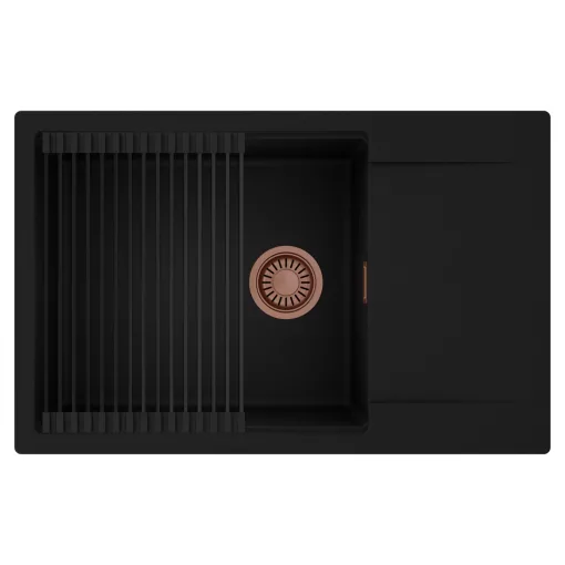 HD Onyx Black 78-XL egymedencés mosogatótálca szett, matt fekete csepegtetőráccsal, csepegtetőtálcával, matt fekete színben, szálcsiszolt réz leeresztő szifonnal