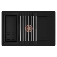 HD Onyx Black 78-XL egymedencés mosogatótálca szett, acél csepegtetőráccsal és matt fekete kosárral, csepegtetőtálcával, matt fekete színben, szálcsiszolt réz leeresztő szifonnal