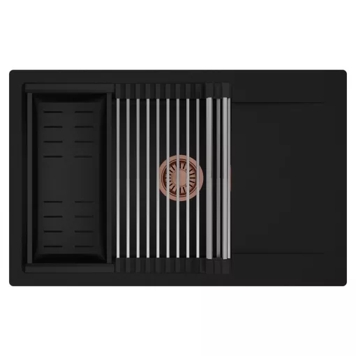 HD Onyx Black 78-XL egymedencés mosogatótálca szett, acél csepegtetőráccsal és matt fekete kosárral, csepegtetőtálcával, matt fekete színben, szálcsiszolt réz leeresztő szifonnal