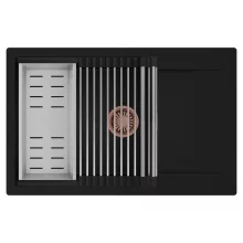 HD Onyx Black 78-XL egymedencés mosogatótálca szett, acél csepegtetőráccsal és kosárral, csepegtetőtálcával, matt fekete színben, szálcsiszolt réz leeresztő szifonnal