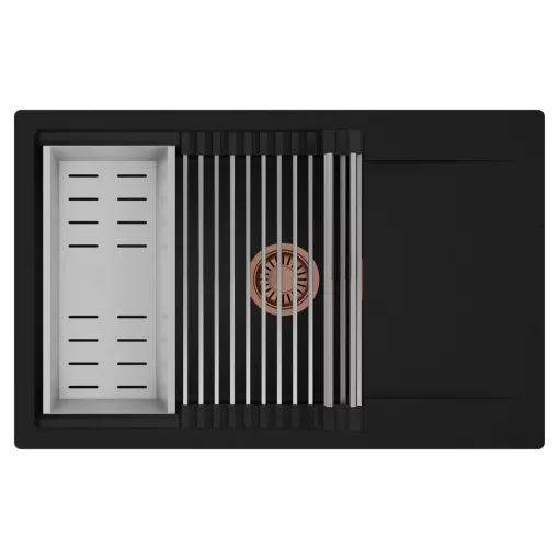 HD Onyx Black 78-XL egymedencés mosogatótálca szett, acél csepegtetőráccsal és kosárral, csepegtetőtálcával, matt fekete színben, szálcsiszolt réz leeresztő szifonnal