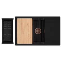 HD Onyx Black 78-XL egymedencés gránit mosogatótálca szett, csepegtetőtálcával, vágódeszkával, matt fekete csepegtetőráccsal és kosárral, matt fekete színben, szálcsiszolt réz leeresztő szifonnal