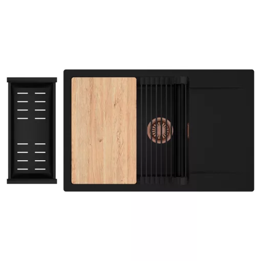 HD Onyx Black 78-XL egymedencés gránit mosogatótálca szett, csepegtetőtálcával, vágódeszkával, matt fekete csepegtetőráccsal és kosárral, matt fekete színben, szálcsiszolt réz leeresztő szifonnal