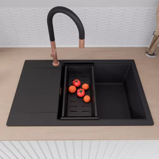 HD Onyx Black 78-XL egymedencés gránit mosogatótálca szett, csepegtetőtálcával, vágódeszkával, matt fekete csepegtetőráccsal és kosárral, matt fekete színben, szálcsiszolt réz leeresztő szifonnal