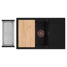 HD Onyx Black 78-XL egymedencés gránit mosogatótálca szett, csepegtetőtálcával, vágódeszkával, matt fekete csepegtetőráccsal és krómozott kosárral, matt fekete színben, szálcsiszolt réz leeresztő szifonnal