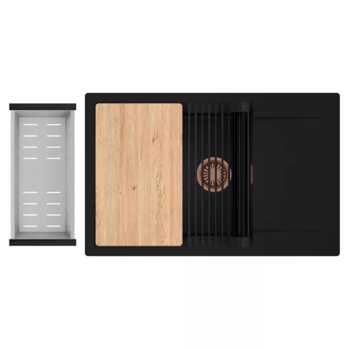 HD Onyx Black 78-XL egymedencés gránit mosogatótálca szett, csepegtetőtálcával, vágódeszkával, matt fekete csepegtetőráccsal és krómozott kosárral, matt fekete színben, szálcsiszolt réz leeresztő szifonnal