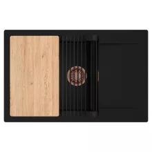 HD Onyx Black 78-XL egymedencés gránit mosogatótálca szett, csepegtetőtálcával, vágódeszkával, matt fekete csepegtetőráccsal, matt fekete színben, szálcsiszolt réz leeresztő szifonnal