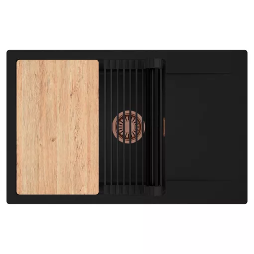 HD Onyx Black 78-XL egymedencés gránit mosogatótálca szett, csepegtetőtálcával, vágódeszkával, matt fekete csepegtetőráccsal, matt fekete színben, szálcsiszolt réz leeresztő szifonnal