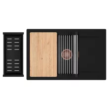 HD Onyx Black 78-XL egymedencés gránit mosogatótálca szett, csepegtetőtálcával, vágódeszkával, acél csepegtetőráccsal és matt fekete kosárral, matt fekete színben, szálcsiszolt réz leeresztő szifonnal