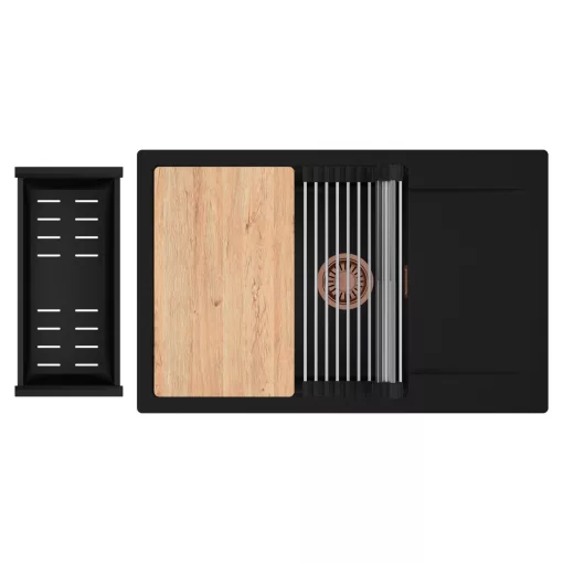 HD Onyx Black 78-XL egymedencés gránit mosogatótálca szett, csepegtetőtálcával, vágódeszkával, acél csepegtetőráccsal és matt fekete kosárral, matt fekete színben, szálcsiszolt réz leeresztő szifonnal