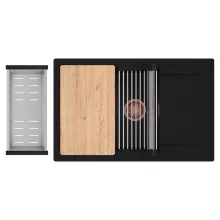 HD Onyx Black 78-XL egymedencés gránit mosogatótálca szett, csepegtetőtálcával, vágódeszkával, acél csepegtetőráccsal és kosárral, matt fekete színben, szálcsiszolt réz leeresztő szifonnal