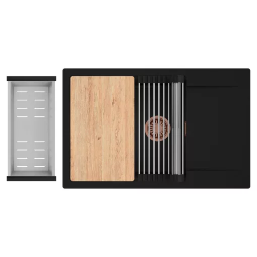 HD Onyx Black 78-XL egymedencés gránit mosogatótálca szett, csepegtetőtálcával, vágódeszkával, acél csepegtetőráccsal és kosárral, matt fekete színben, szálcsiszolt réz leeresztő szifonnal