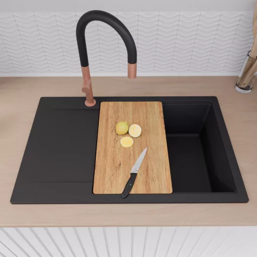 HD Onyx Black 78-XL egymedencés gránit mosogatótálca szett, csepegtetőtálcával, vágódeszkával, acél csepegtetőráccsal és kosárral, matt fekete színben, szálcsiszolt réz leeresztő szifonnal