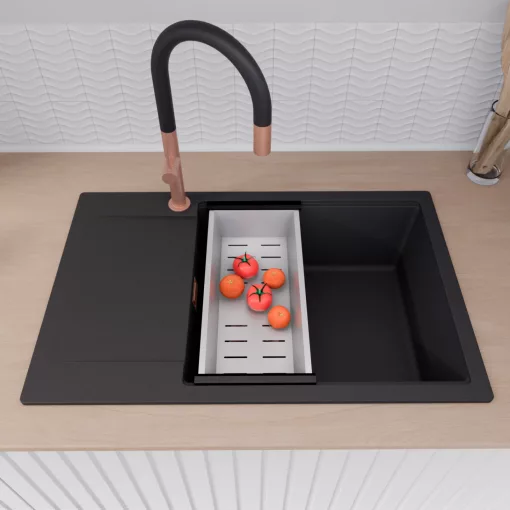 HD Onyx Black 78-XL egymedencés gránit mosogatótálca szett, csepegtetőtálcával, vágódeszkával, acél csepegtetőráccsal és kosárral, matt fekete színben, szálcsiszolt réz leeresztő szifonnal