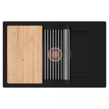 HD Onyx Black 78-XL egymedencés gránit mosogatótálca szett, csepegtetőtálcával, vágódeszkával, acél csepegtetőráccsal, matt fekete színben, szálcsiszolt réz leeresztő szifonnal