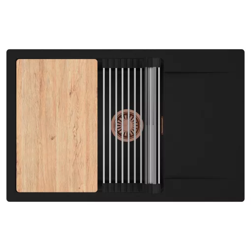 HD Onyx Black 78-XL egymedencés gránit mosogatótálca szett, csepegtetőtálcával, vágódeszkával, acél csepegtetőráccsal, matt fekete színben, szálcsiszolt réz leeresztő szifonnal