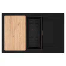 HD Onyx Black 78-XL egymedencés gránit mosogatótálca szett, csepegtetőtálcával, vágódeszkával, matt fekete csepegtetőkosárral, matt fekete színben, szálcsiszolt réz leeresztő szifonnal