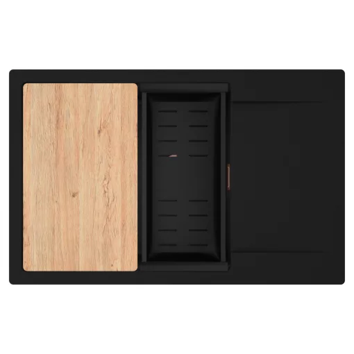 HD Onyx Black 78-XL egymedencés gránit mosogatótálca szett, csepegtetőtálcával, vágódeszkával, matt fekete csepegtetőkosárral, matt fekete színben, szálcsiszolt réz leeresztő szifonnal