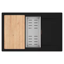 HD Onyx Black 78-XL egymedencés gránit mosogatótálca szett, csepegtetőtálcával, vágódeszkával, acél csepegtetőkosárral, matt fekete színben, szálcsiszolt réz leeresztő szifonnal