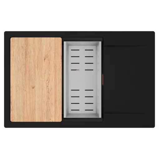 HD Onyx Black 78-XL egymedencés gránit mosogatótálca szett, csepegtetőtálcával, vágódeszkával, acél csepegtetőkosárral, matt fekete színben, szálcsiszolt réz leeresztő szifonnal