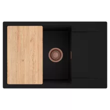 HD Onyx Black 78-XL egymedencés gránit mosogatótálca, vágódeszkával, matt fekete színben, szálcsiszolt réz leeresztő szifonnal