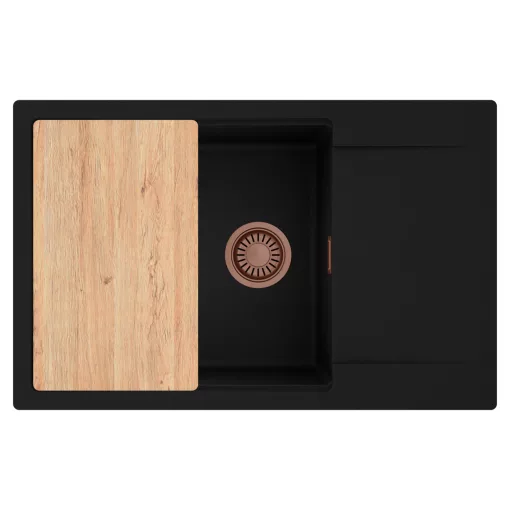 HD Onyx Black 78-XL egymedencés gránit mosogatótálca, vágódeszkával, matt fekete színben, szálcsiszolt réz leeresztő szifonnal