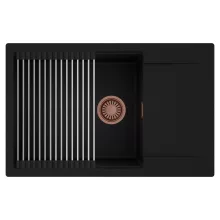 HD Onyx Black 78-XL egymedencés mosogatótálca szett, acél csepegtetőráccsal, csepegtetőtálcával, matt fekete színben, szálcsiszolt réz leeresztő szifonnal