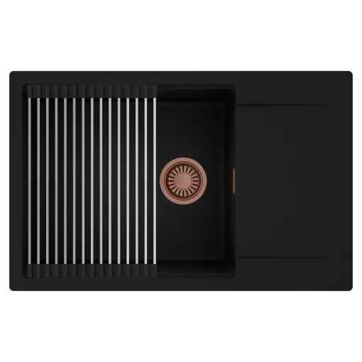 HD Onyx Black 78-XL egymedencés mosogatótálca szett, acél csepegtetőráccsal, csepegtetőtálcával, matt fekete színben, szálcsiszolt réz leeresztő szifonnal