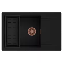 HD Onyx Black 78-XL egymedencés mosogatótálca szett, matt fekete csepegtetőkosárral, csepegtetőtálcával, matt fekete színben, szálcsiszolt réz leeresztő szifonnal