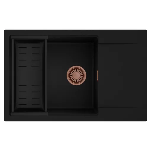 HD Onyx Black 78-XL egymedencés mosogatótálca szett, matt fekete csepegtetőkosárral, csepegtetőtálcával, matt fekete színben, szálcsiszolt réz leeresztő szifonnal