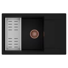 HD Onyx Black 78-XL egymedencés mosogatótálca szett, acél csepegtetőkosárral, csepegtetőtálcával, matt fekete színben, szálcsiszolt réz leeresztő szifonnal