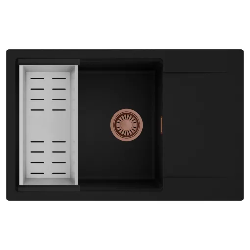 HD Onyx Black 78-XL egymedencés mosogatótálca szett, acél csepegtetőkosárral, csepegtetőtálcával, matt fekete színben, szálcsiszolt réz leeresztő szifonnal