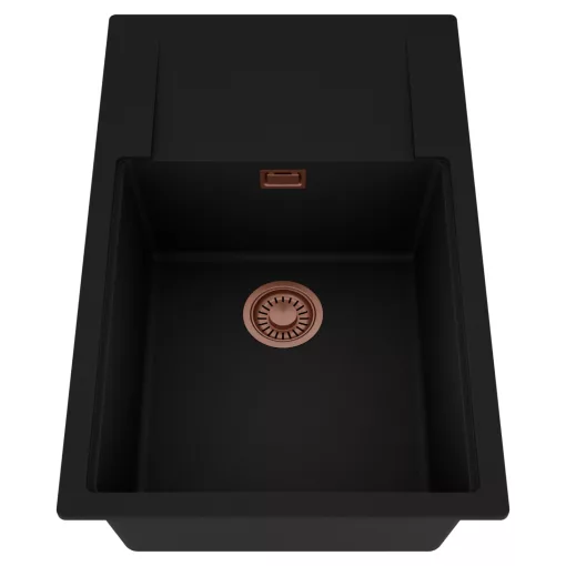 HD Onyx Black 78-XL egymedencés mosogatótálca, csepegtetőtálcával, matt fekete színben, szálcsiszolt réz leeresztő szifonnal