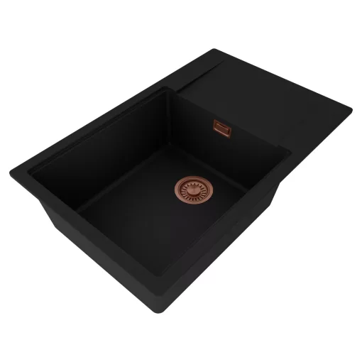 HD Onyx Black 78-XL egymedencés mosogatótálca, csepegtetőtálcával, matt fekete színben, szálcsiszolt réz leeresztő szifonnal