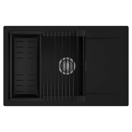 HD Onyx Black 78-XL egymedencés mosogatótálca szett, matt fekete csepegtetőráccsal és kosárral, csepegtetőtálcával, matt fekete színben