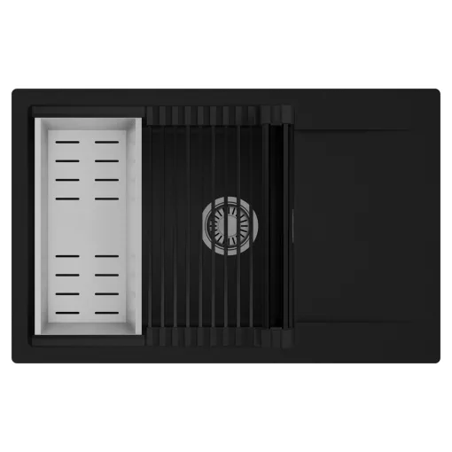 HD Onyx Black 78-XL egymedencés mosogatótálca szett, matt fekete csepegtetőráccsal és krómozott kosárral, csepegtetőtálcával, matt fekete színben