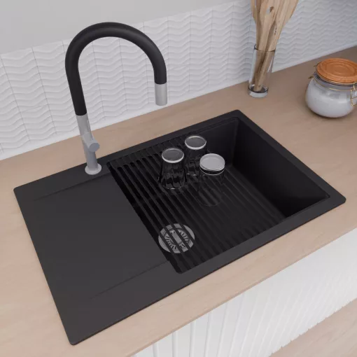 HD Onyx Black 78-XL egymedencés mosogatótálca szett, matt fekete csepegtetőráccsal és krómozott kosárral, csepegtetőtálcával, matt fekete színben