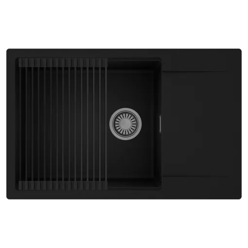 HD Onyx Black 78-XL egymedencés mosogatótálca szett, matt fekete csepegtetőráccsal, csepegtetőtálcával, matt fekete színben