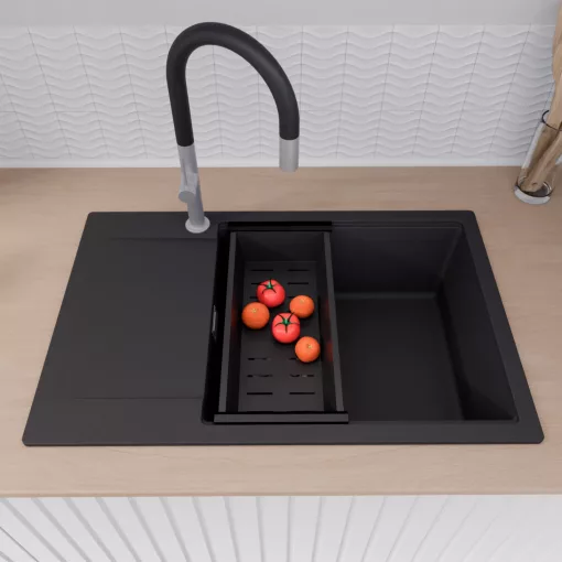 HD Onyx Black 78-XL egymedencés mosogatótálca szett, acél csepegtetőráccsal és matt fekete kosárral, csepegtetőtálcával, matt fekete színben