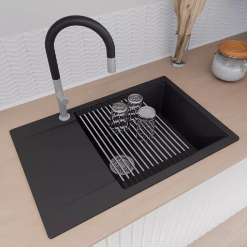 HD Onyx Black 78-XL egymedencés mosogatótálca szett, acél csepegtetőráccsal és kosárral, csepegtetőtálcával, matt fekete színben