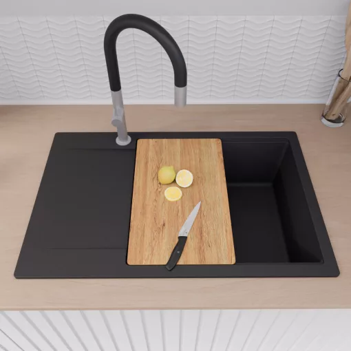 HD Onyx Black 78-XL egymedencés gránit mosogatótálca szett, csepegtetőtálcával, vágódeszkával, matt fekete csepegtetőráccsal és krómozott kosárral, matt fekete színben