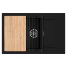 HD Onyx Black 78-XL egymedencés gránit mosogatótálca szett, csepegtetőtálcával, vágódeszkával, matt fekete csepegtetőráccsal, matt fekete színben