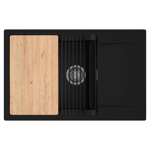 HD Onyx Black 78-XL egymedencés gránit mosogatótálca szett, csepegtetőtálcával, vágódeszkával, matt fekete csepegtetőráccsal, matt fekete színben